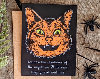 Halloween Cat Greeting Card: Vintage Illustration Orange Kitty