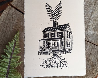 fern block print | fern linocut | house print | house blockprint | fern house print | cabin print