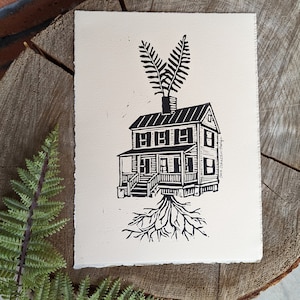 fern block print | fern linocut | house print | house blockprint | fern house print | cabin print