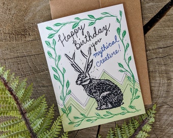 gelukkige verjaardagskaart | verjaardagskaart | jackalope-kaart | blokprintkaart | kunstkaart | dieren kaart
