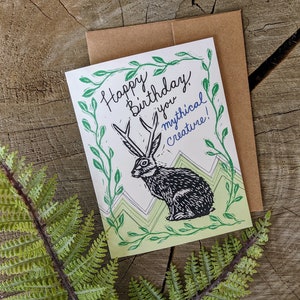 happy birthday card | birthday card | jackalope card | blockprint card | art card | animal card