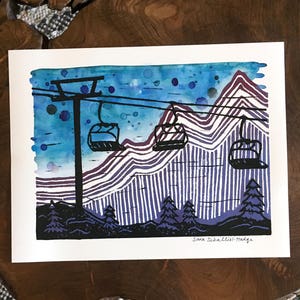 SALE ski lift art chair lift art ski art snowboard art blockprint ski wall art ski watercolor art image 3