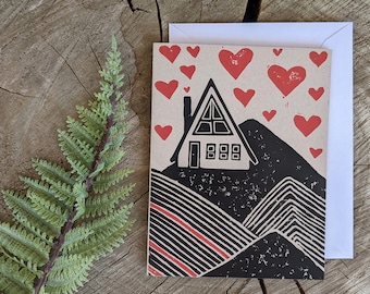 cabin card | cabin greeting card | love card | a-frame card | mountain card | heart card | blockprint card