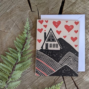 cabin card | cabin greeting card | love card | a-frame card | mountain card | heart card | blockprint card