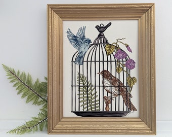Robin and Bluebird Birdcage Art Print: Morning Glory Vine and Fern