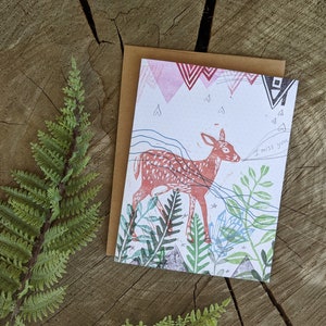 i miss you card deer card miss you card blockprint card art card animal card image 1