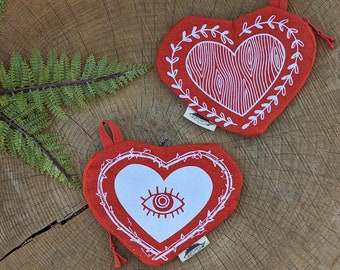 Red Heart Zipper Pouch: Screenprinted Cotton Canvas Valentine Gift