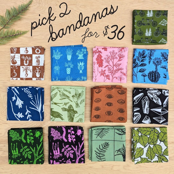 Choisissez 2 BANDANAS POUR 36 | bandana | bandana des bois | bandana oiseau | foulard fleuri | bandana fleuri | bandana végétal | bandana des bois