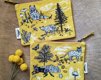 Canvas Cat Zipper Pouch: Hand Screenprinted Pencil Bag Yellow Kitty stocking stuffer