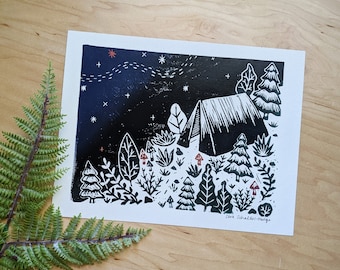 camp print | camping art print | linocut print | forest print | outdoors print | nature print