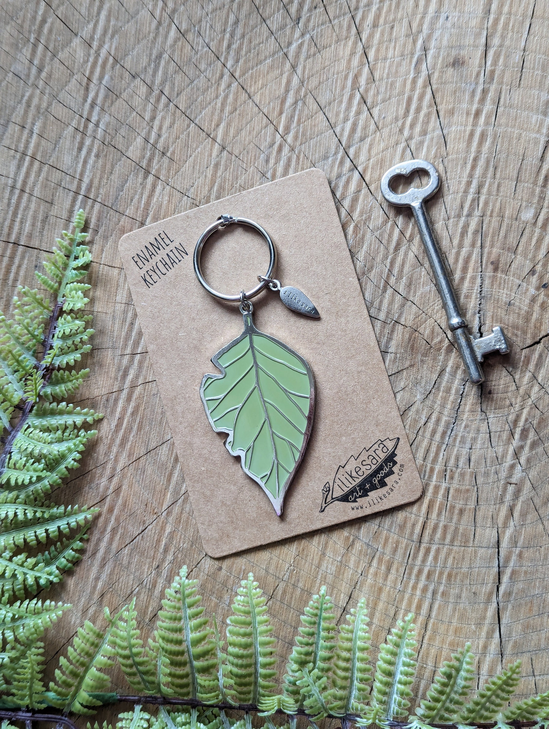 Green Leaf Keychain: Silver Metal Enamel Forest Charm Stocking Stuffer ...