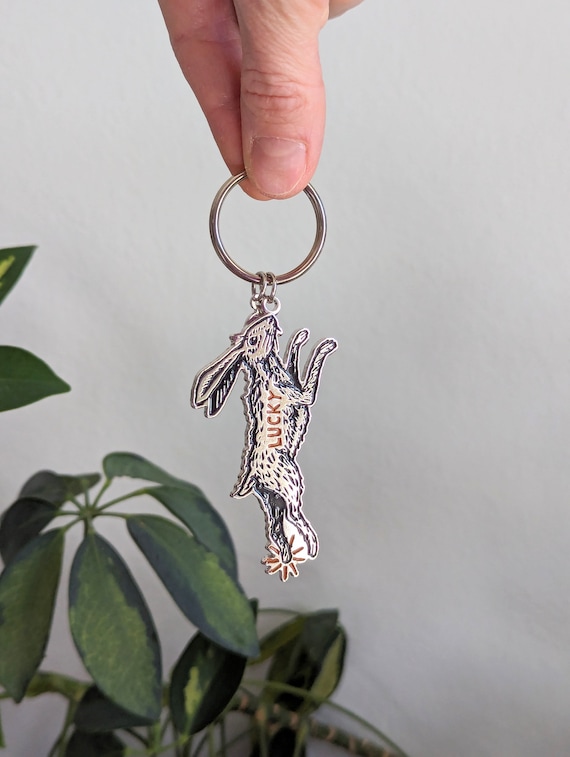 Lucky Rabbit Foot Keychain: Silver Enamel Bunny Keyring Stocking
