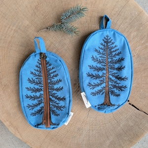 Pu&ograve; includere: Due pochette ovali in tessuto blu con un disegno di albero sempreverde stampato in nero e marrone. Una pochette ha una chiusura a zip verticale centrale, mentre l'altra &egrave; un pezzo unico con un occhiello per appenderla. Un rametto di pino &egrave; sopra.