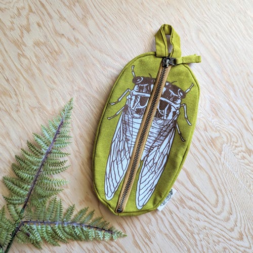 Cicada zipper pouch: hand screenprinted cotton canvas pencil bug insect bag stocking stuffer