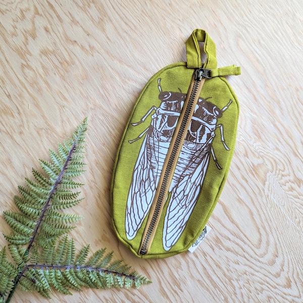 Cicada zipper pouch: hand screenprinted cotton canvas pencil bug insect bag stocking stuffer