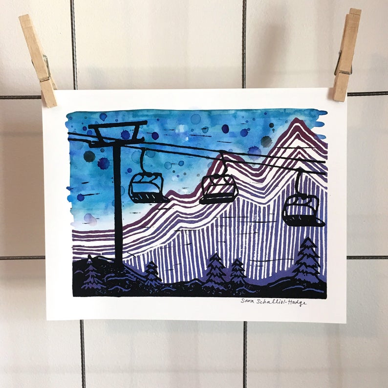 SALE ski lift art chair lift art ski art snowboard art blockprint ski wall art ski watercolor art image 5