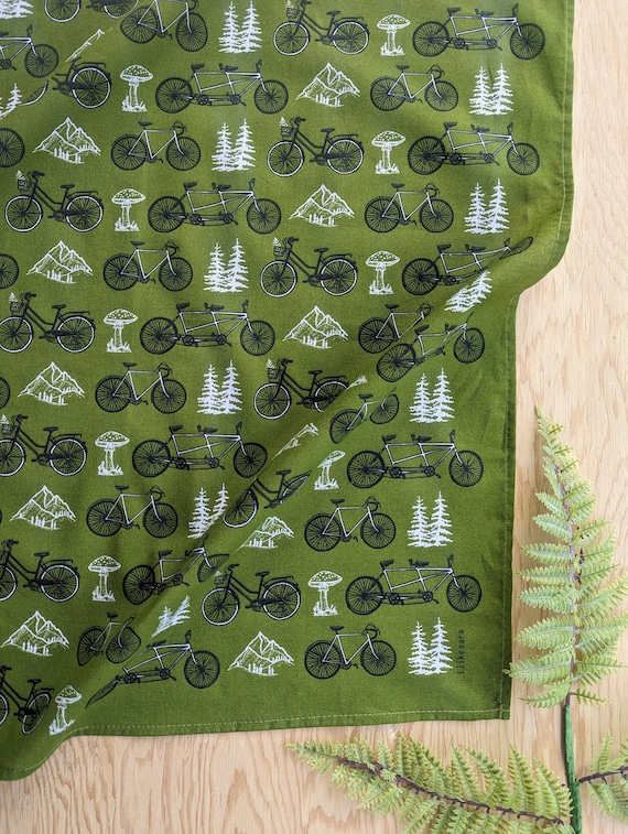 Hand-Screenprinted Bike Bandana: Green Bicycle Scarf, Vintage Art, Trees, Mountains, Mushroom