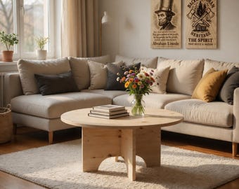 Round Spruce Coffee Table, Natural Wood Living Room Furniture, Minimalist Rustic Center Table, Solid Wood Circular Design, Eco Friendly Gift