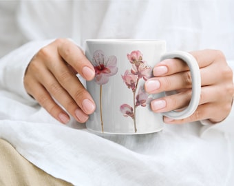 Tasse à café japonaise avec fleurs de cerisier, cadeau pour amoureux de la nature, tasse florale mignonne, conception séchée pressée