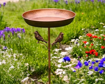 Rustic Metal Bird Bath with Stand | Faded Style Garden Decor | Vintage Garden Decor for Outdoor Bird Lovers