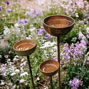 Set of 3 Rusted Bee Water Stations | Rusty Garden Decor | Garden Sculpture | Metal Garden Decoration | Garden Water Cups | Yard Art