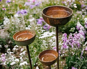 Set of 3 Rusted Bee Water Stations | Rusty Garden Decor | Garden Sculpture | Metal Garden Decoration | Garden Water Cups | Yard Art