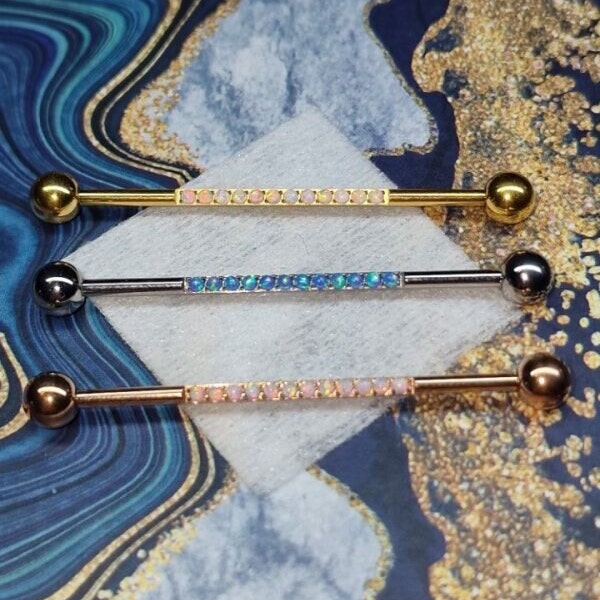 TITANIUM Opal design Industrial/Scaffold Barbell Silver/Rose/Gold Anodised 1.6/38mm, UK seller, Worldwide shipping