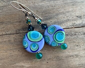 Pixie Splash ~ lampwork glass earrings, Swarovski crystal earrings, sterling silver earrings, dangle earrings, blue earrings