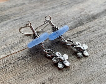 Bluets - Lampwork Glas Ohrringe, Frühling, Sommer, Strand, Sterling Silber