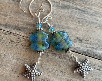 Current Treasures ~ lampwork glass earrings, sterling silver earrings, starfish earrings, charm earrings, Swarovski earrings