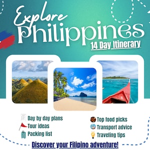Può includere: Una grafica turchese che promuove un itinerario di 14 giorni per esplorare le Filippine. Il testo "Explore Philippines" è in alto, con tre immagini delle Filippine sottostanti. La grafica include icone per piani giornalieri, idee per tour, lista di imballaggio, ecc.