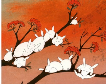 Rectangular Version - Sunrise - Art Print Bunnies on Rowan Tree Red Background