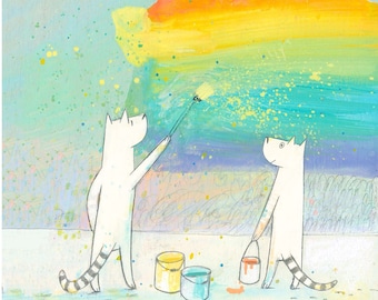 Happy Clouds For Everyone - Art Print (Two Cats Painting A Rainbow Into A Sky)