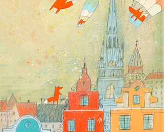 A perfect Day In Stockholm - Art Print (Foxes Flying Hot-air balloons to Sweden)