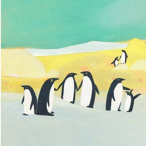 The Land of Kindness - Art Print of Penguin Family Surrounded by Mountains