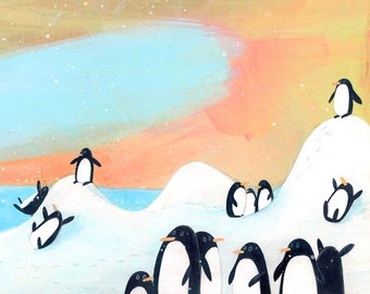 A Splendid Day on Egg Hill - Art Print, Penguins playing and Sledding on Snow