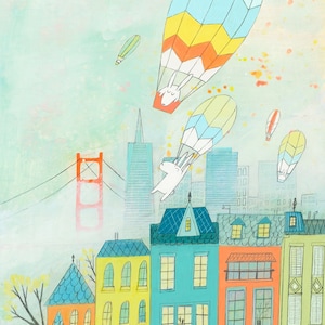 Hello San Francisco! - Art Print Bunnies Flying to the Rooftops of San Francisco, California