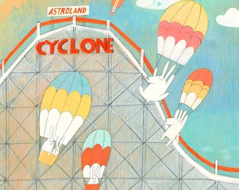 May include: A colorful illustration of a roller coaster called "CYCLONE" at Astroland in Coney Island.  White rabbits are riding in hot air balloons that are flying over the roller coaster.