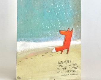 Hand Painted Small Original Painting - The Wanderer (#450) Fox Walking On The Beach Inspirational Poem By Antonio Machado