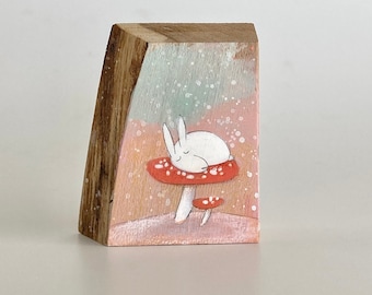 Hand Painted Small Original Painting - The Daydreamer (#442) Sleeping Little Bunny On Mushroom