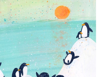 The Grand Egg Hills Of The South - Art Print (Penguins Sledding Down The Hills)