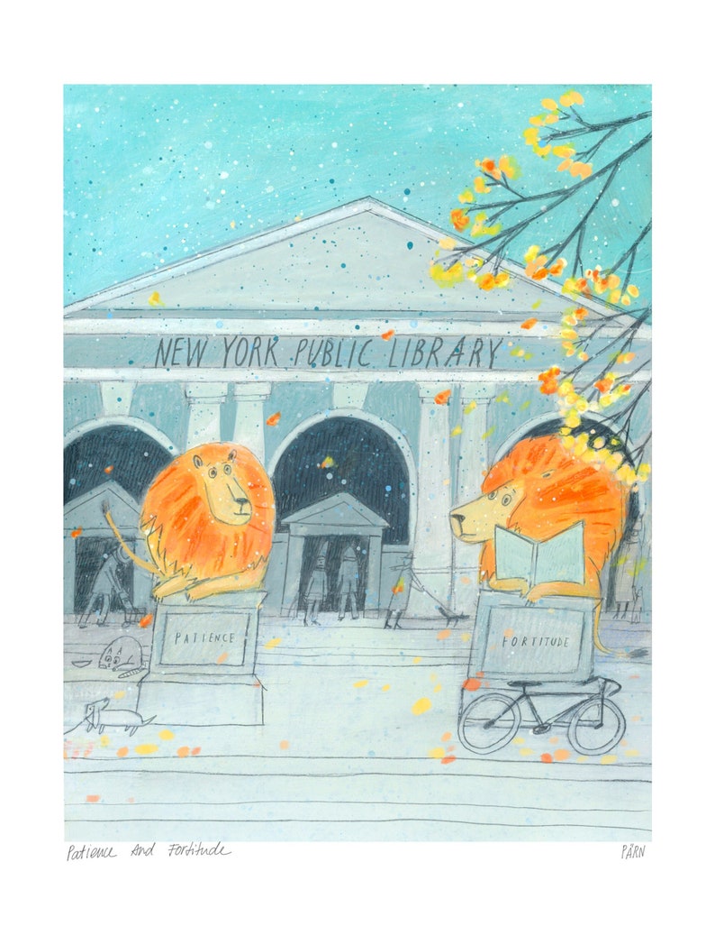 Patience and Fortitude Art Print New York Public Library Lion Statues image 1