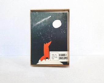 Set of Six Blank Note Cards - Nothing is Ordinary, Red Fox Looking At A Shooting Star And Making Wishes Greeting Cards