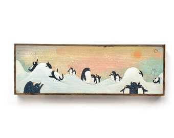 Hand Painted Small Original Painting - Splendid Monday On Egg Hills (#453) Penguins Sliding Down The Egg Hill