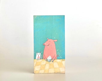 Hand Painted Small Original Painting - So Many Splendid Mondays (#358) Little Piggy Eating a Cupcake