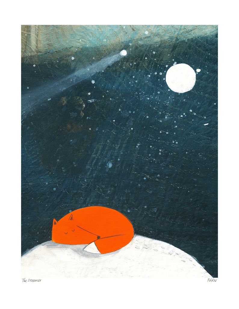 The Dreamer Art Print Fox Dreaming Under Full Moon image 1