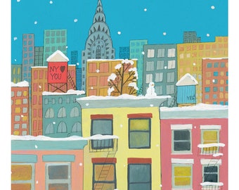 Snowy New York Cityscape Illustration: 11x14 Art Print (Digital Download)