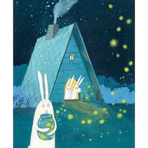 Letting Go The Lightning Bugs Art Print Bunnies and fireflies art print image 1