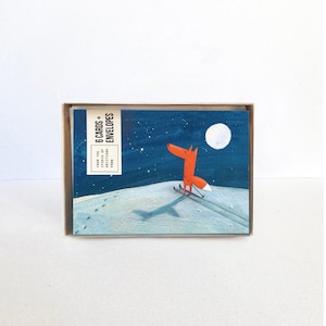 Jeu de six cartes de correspondance vierges - ski du solstice, renard skiant sous un ciel étoilé