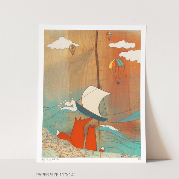 11"x14" Large Art print - Any Dream Will Do, Foxes Waiting For A Sailboat. Map of Italy.